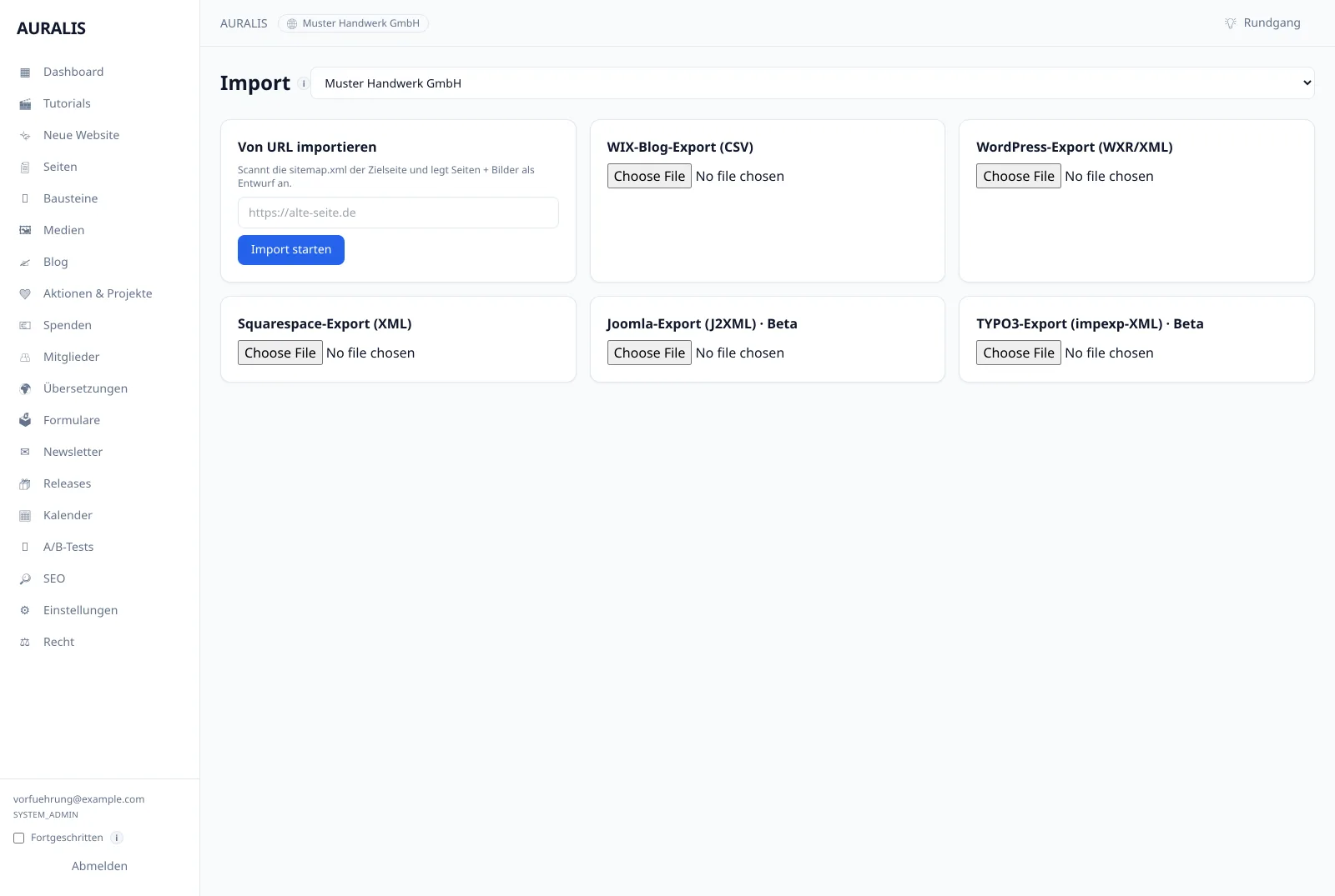Die Übernahme liest entweder die sitemap.xml der alten Adresse oder eine Exportdatei aus WIX, WordPress, Squarespace, Joomla oder TYPO3.