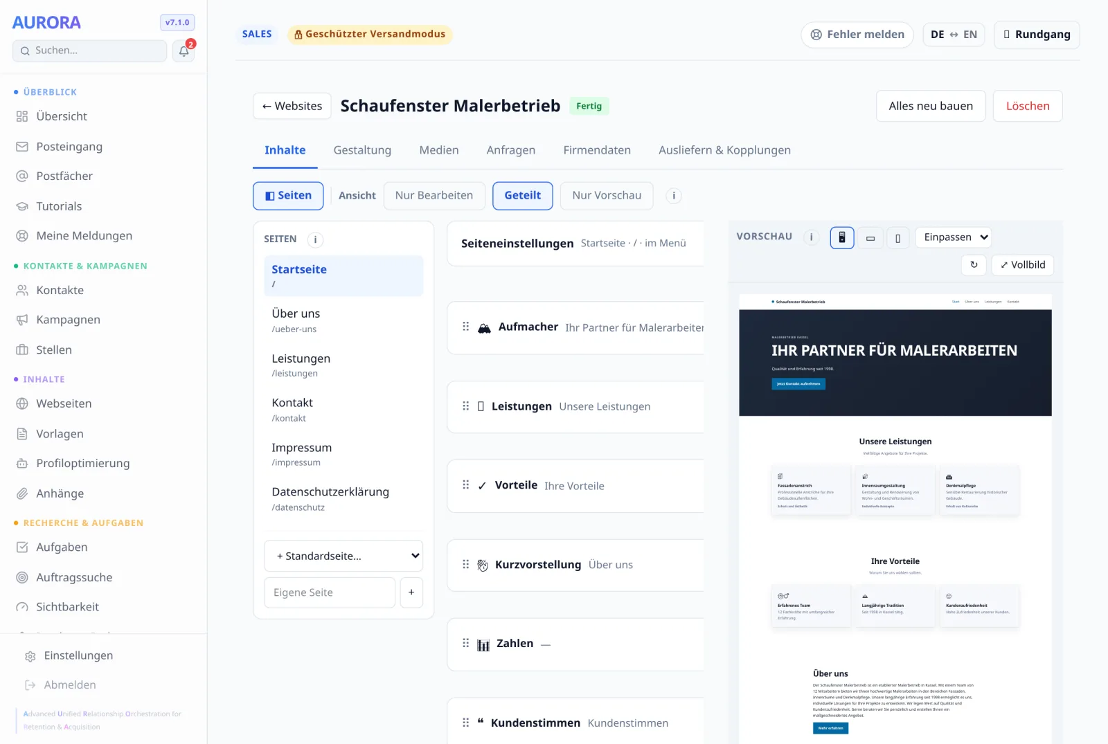 Der Arbeitsplatz einer fertigen Website: oben die Reiter „Inhalte“, „Gestaltung“, „Medien“, „Anfragen“, „Firmendaten“, links die Seitenliste.