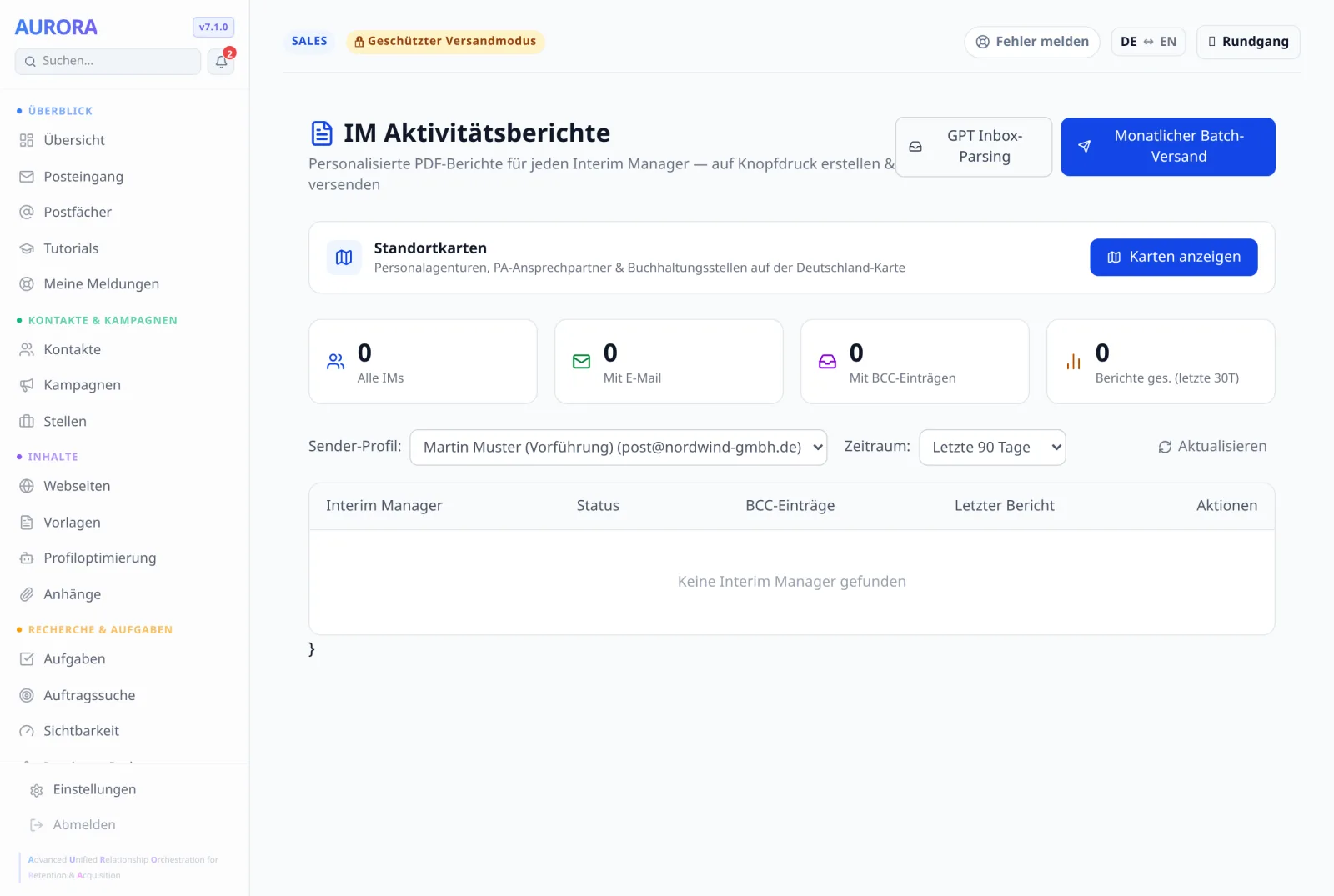Unter der Überschrift die „Standortkarten“, darunter die Zähler „Alle IMs“ und „Mit E-Mail“ — ohne Adresse kein Bericht.