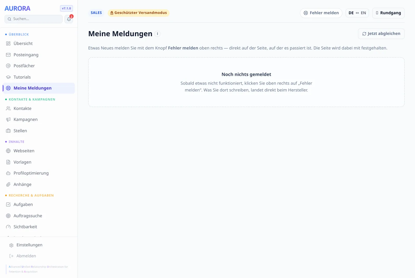 „Meine Meldungen“ zeigt den Stand. Gemeldet wird nicht hier, sondern mit „Fehler melden“ oben rechts auf der Seite, auf der es passiert ist.
