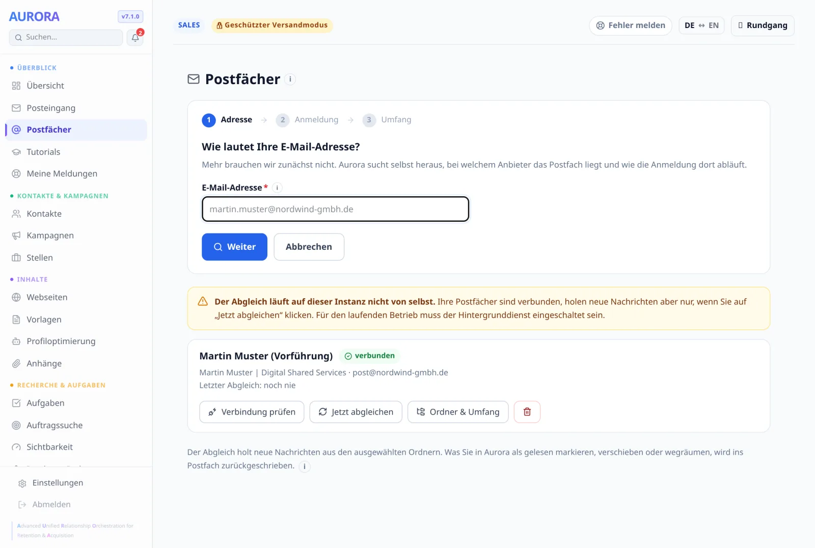 Der Assistent hat drei Schritte: „1 Adresse“, „2 Anmeldung“, „3 Umfang“. Zuerst will er nur die Adresse — Anbieter und Anmeldeweg sucht er selbst heraus.